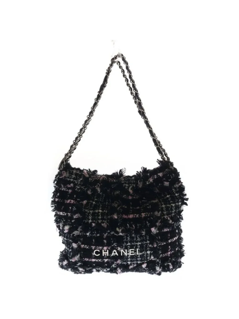 Chanel 22 Small Chain Tote Black Pink Tweed Silver